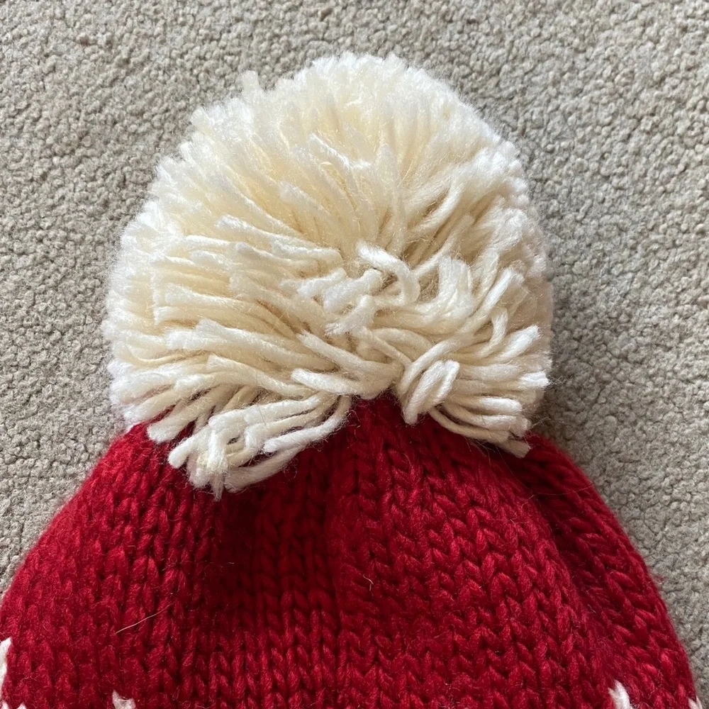 Red and Cream Pom Pom Knit Beanie
